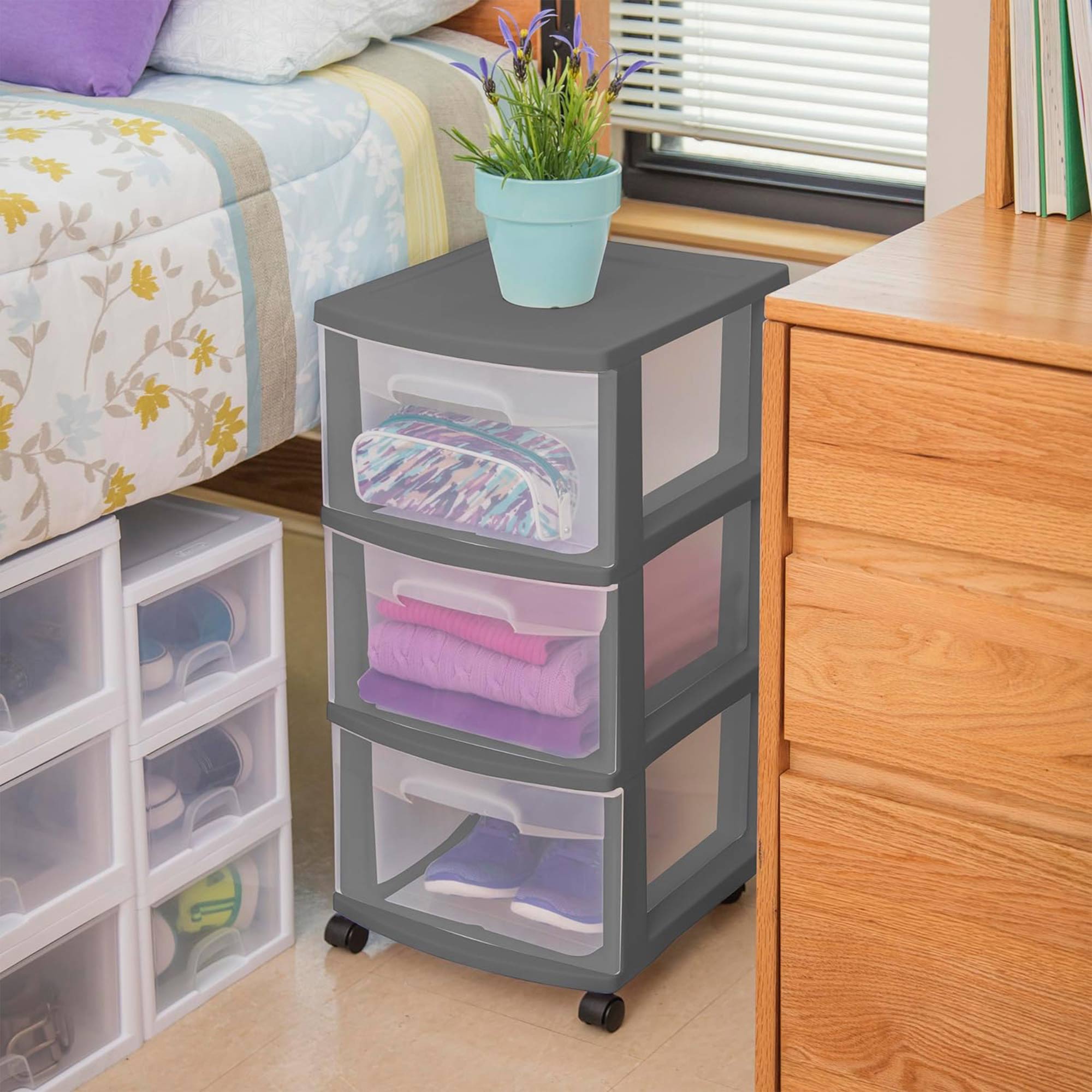 Sterilite 3 Drawer Home Organizer Storage Cart w/Caster Wheels, Gray (4 Pack) - VMInnovations