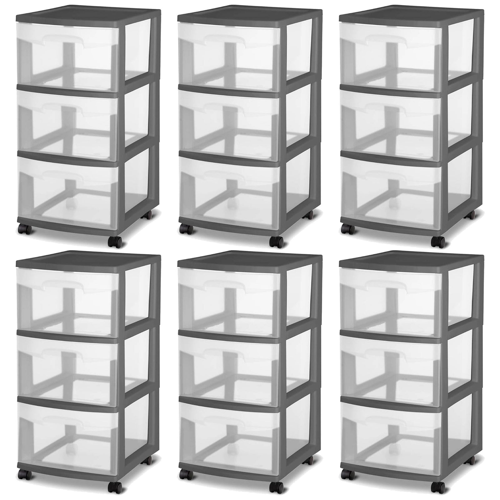 Sterilite 3 Drawer Home Organizer Storage Cart w/Caster Wheels, Gray (6 Pack) - VMInnovations