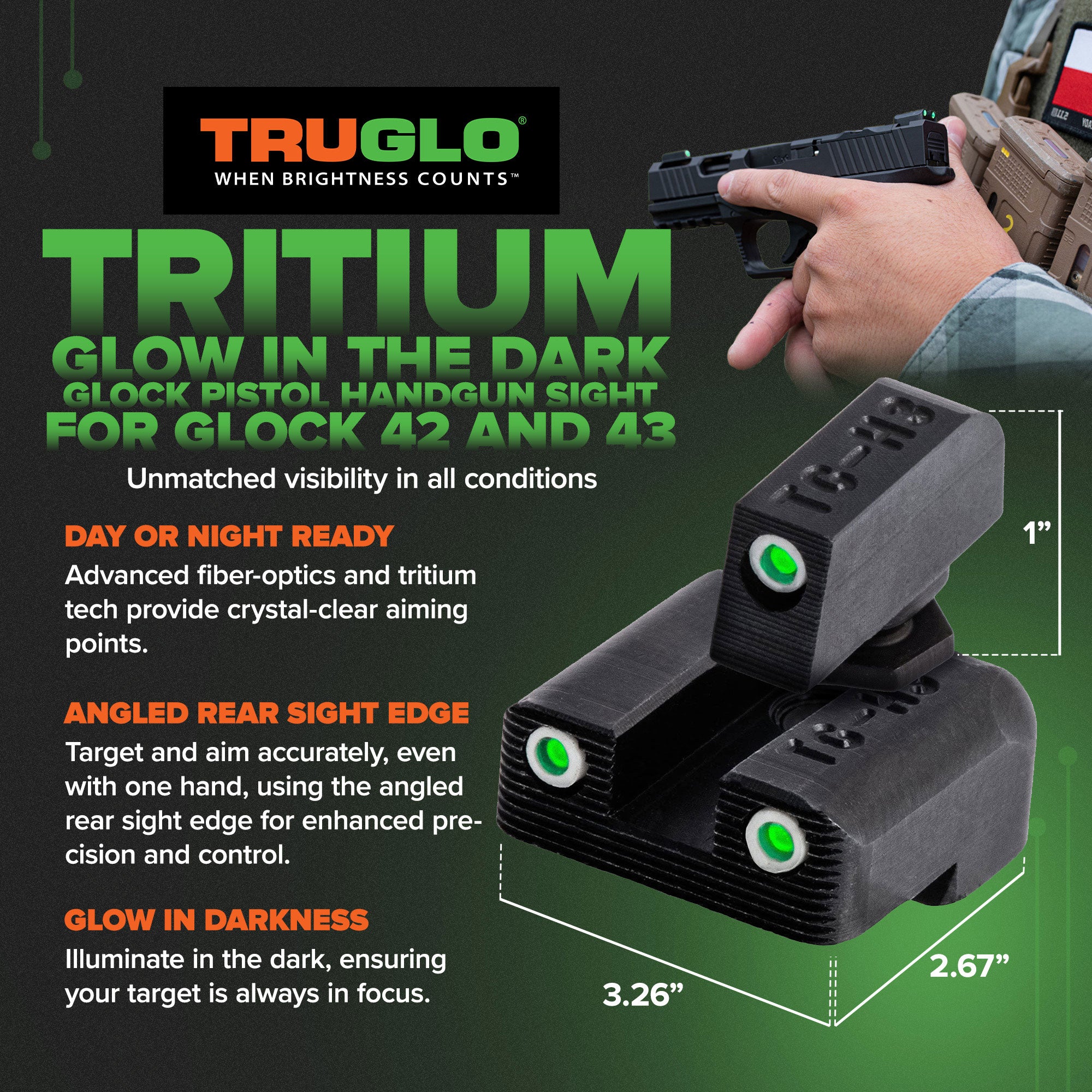 TruGlo Tritium Glow in the Dark Pistol Handgun Sight Set, Glock 42 & 43 (3 Pack)