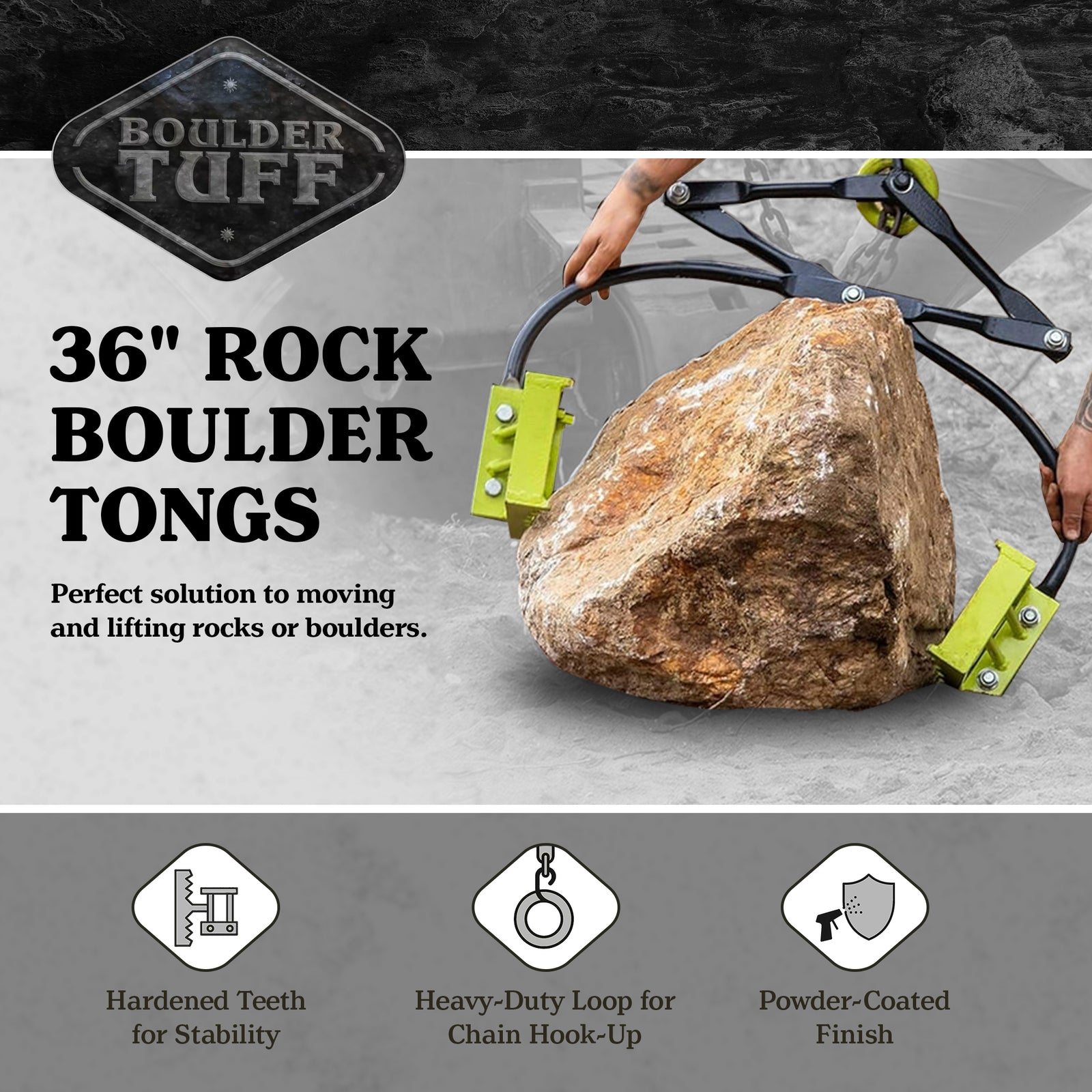 Boulder Tuff Powder Coated Metal 3,000 Pound High Capacity Rock Boulder Tongs - VMInnovations