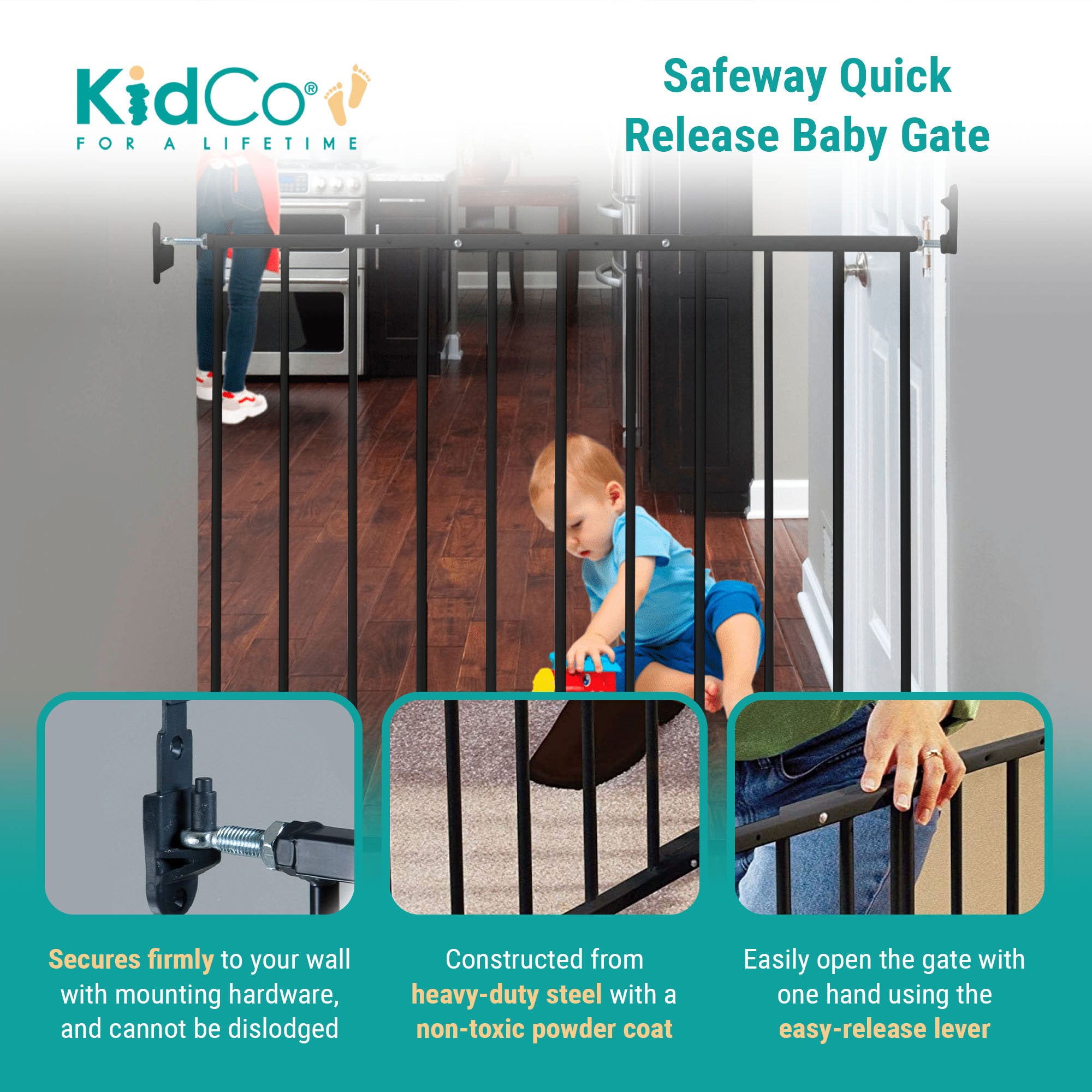 KidCo Safeway Top of Stairs Quick Release Baby Gate, 42.5 x 30.5", Black, 2 Pack - VMInnovations