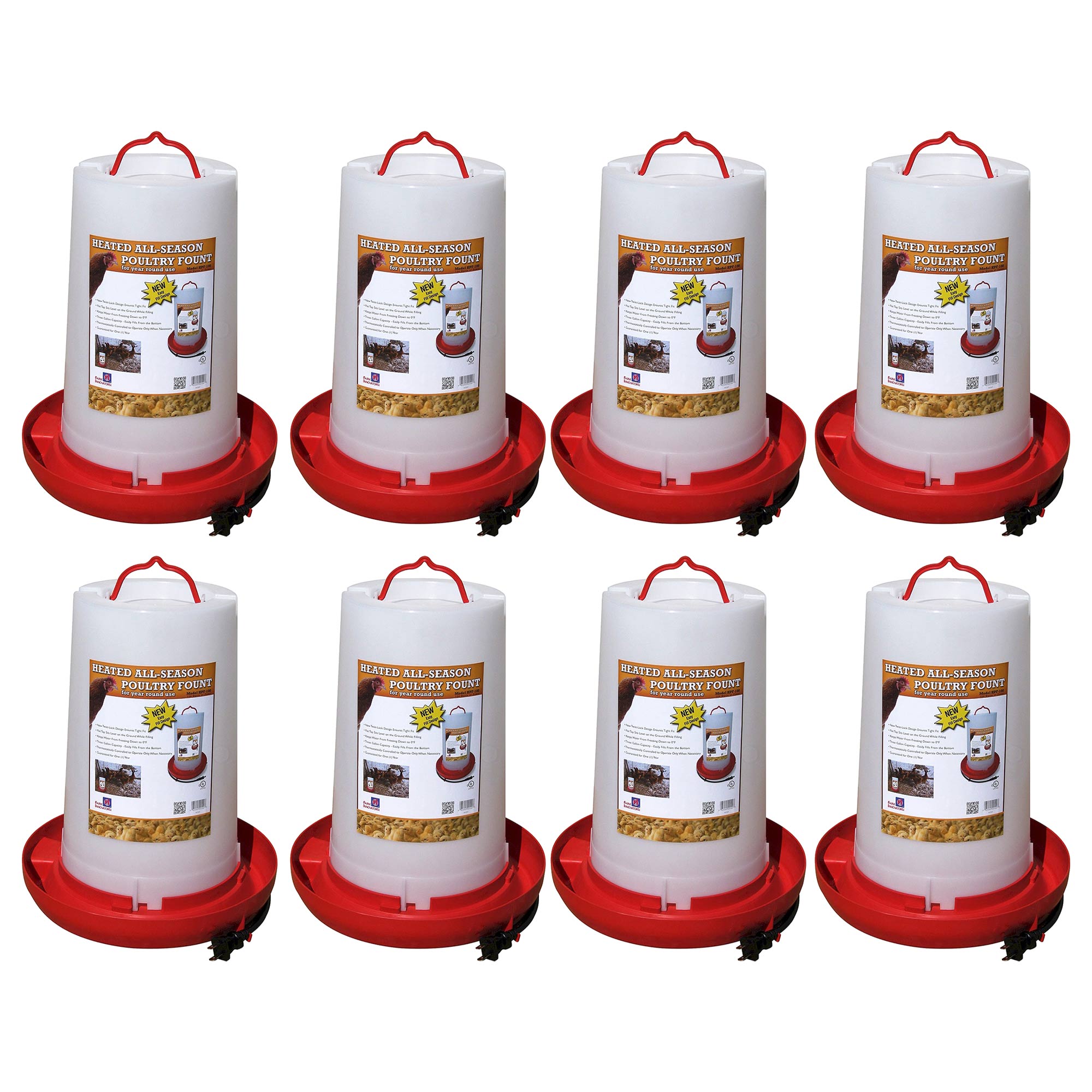Farm Innovators 3 Gallon Heated Plastic Poultry Water Fountain, Red (8 Pack)