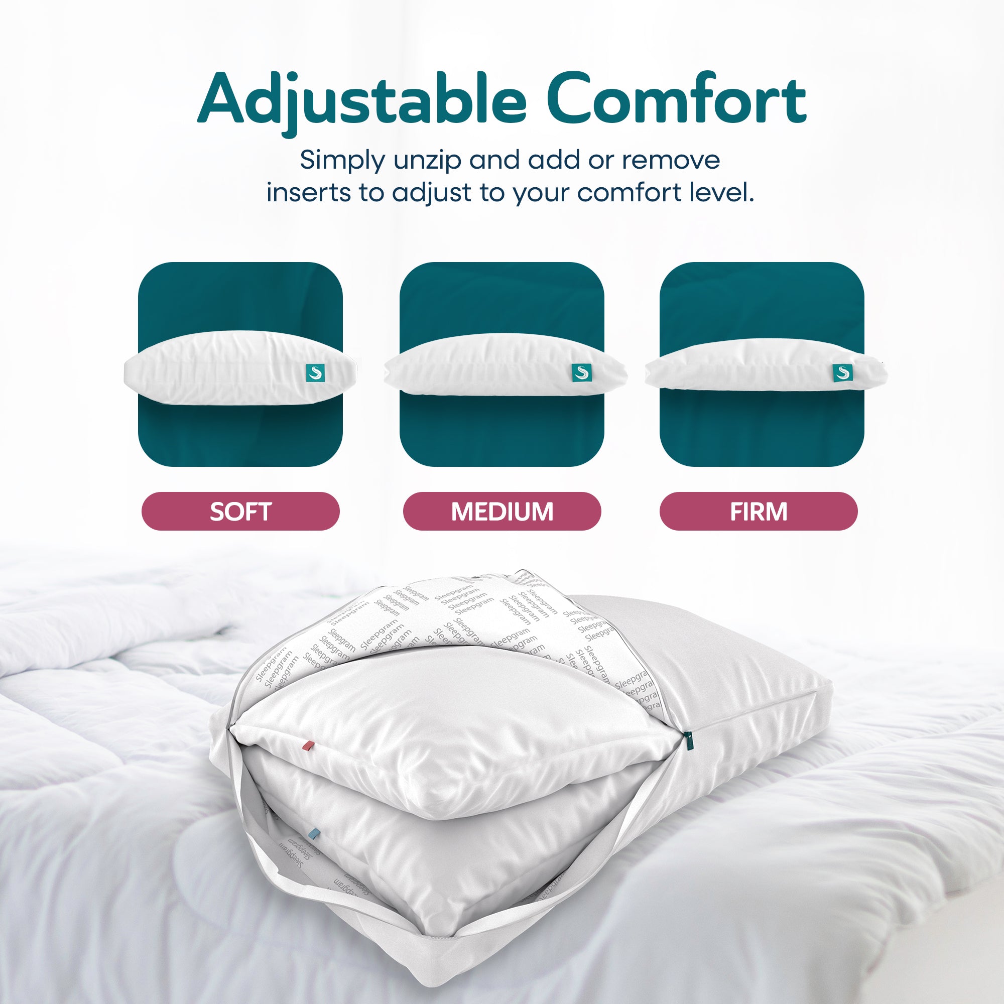 Sleepgram Bed Support Sleeping Pillow with Cover, Queen Size, White (4 Pack)