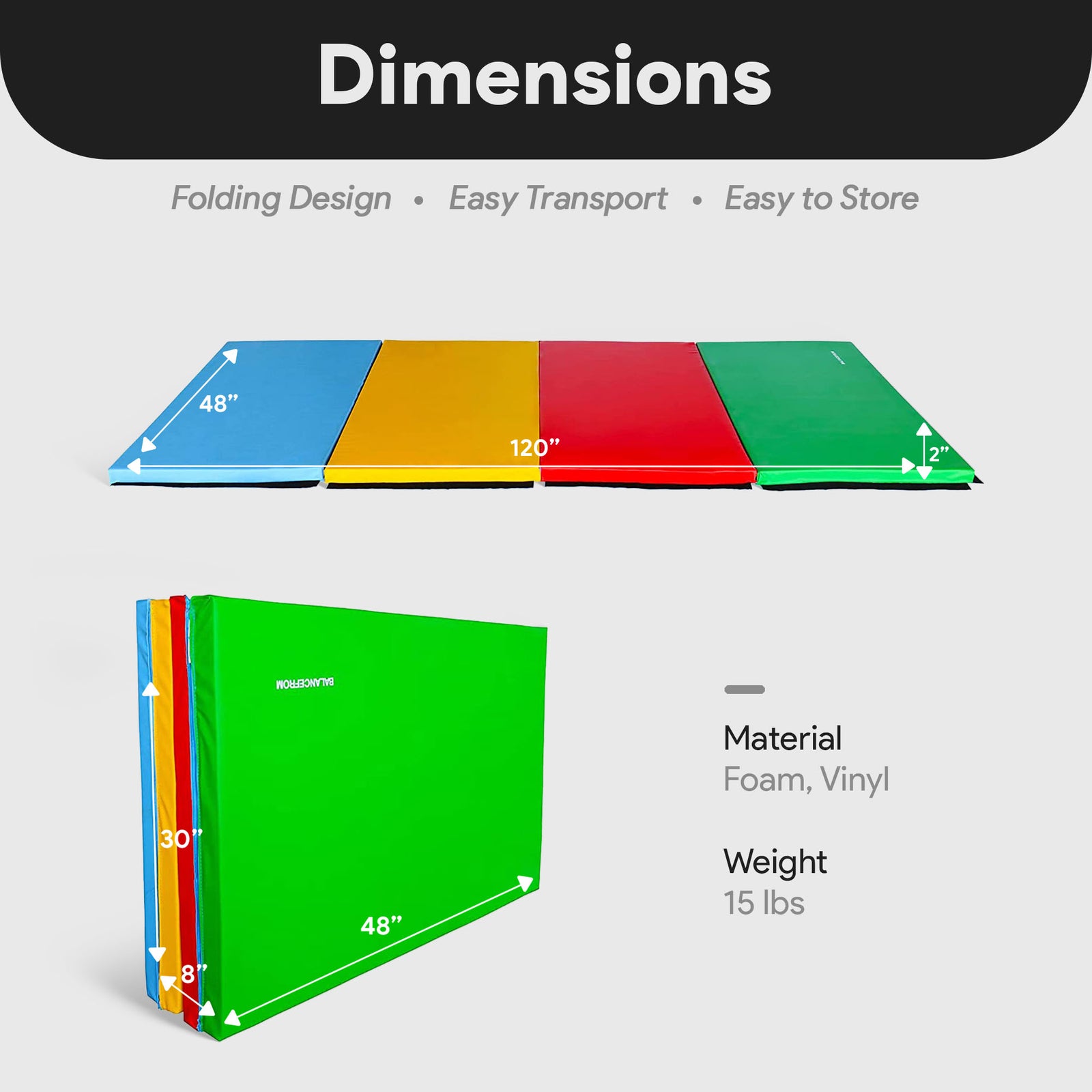 BalanceFrom Fitness 120 x 48" Folding Gymnastics Exercise Mat, Multi (2 Pack) - VMInnovations
