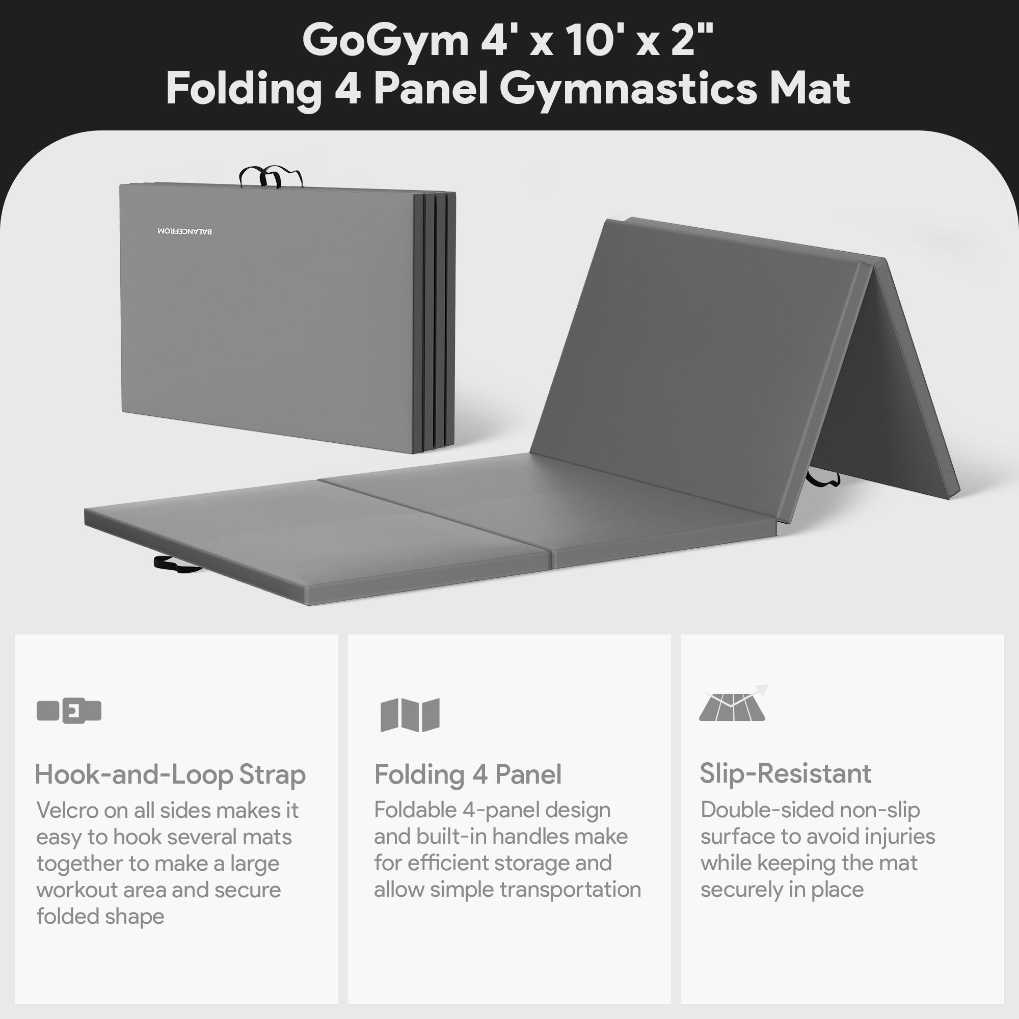 BalanceFrom Fitness GoGym 4' x 10' x 2" Folding Gymnastics Mat, Gray (2 Pack) - VMInnovations