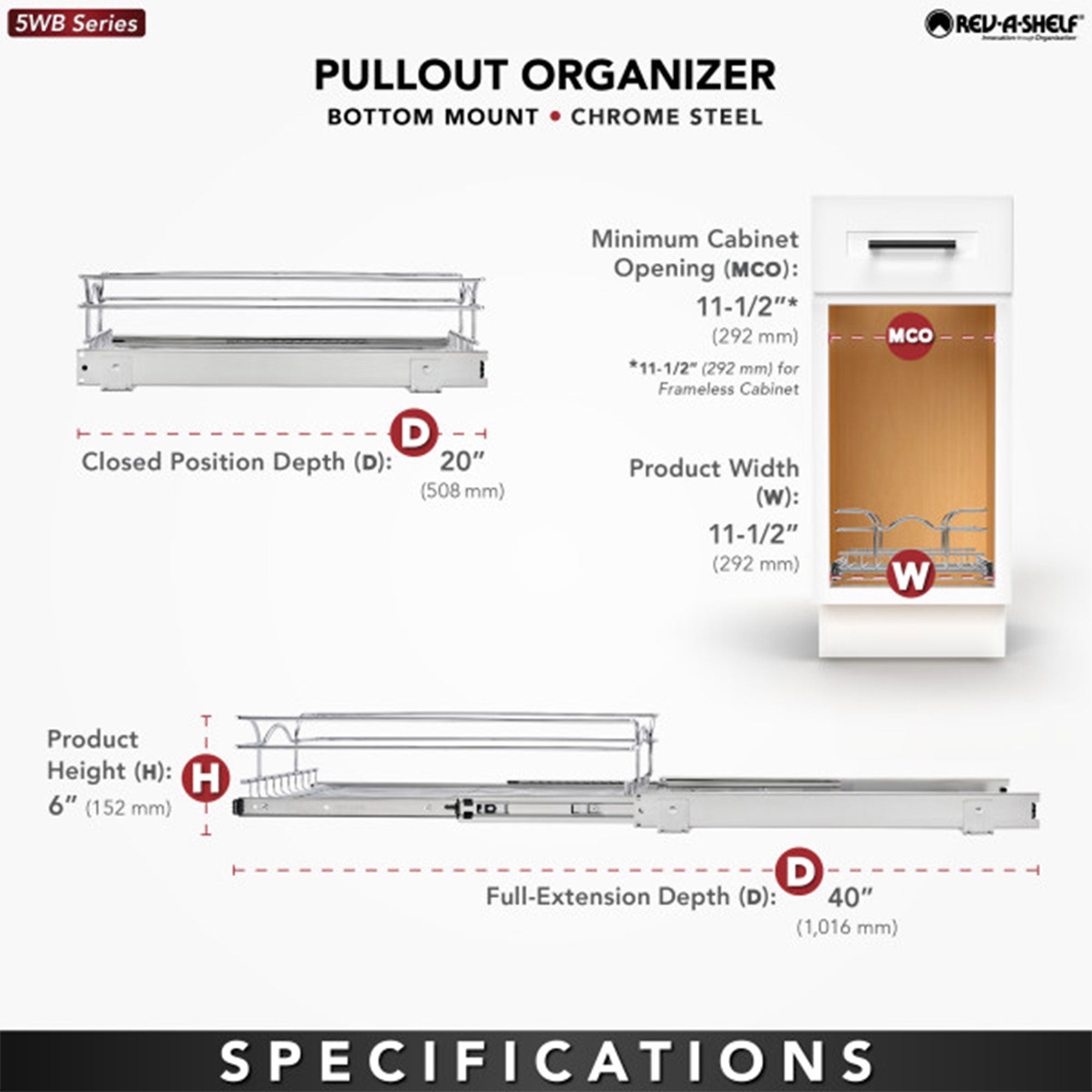 Rev-A-Shelf Cabinet Pull Out Shelf Organizer, 12 x 20 In, 5WB1-1220CR-1 (2 Pack)
