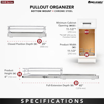 Rev-A-Shelf Cabinet Pull Out Shelf Organizer, 12 x 20 In, 5WB1-1220CR-1 (2 Pack)
