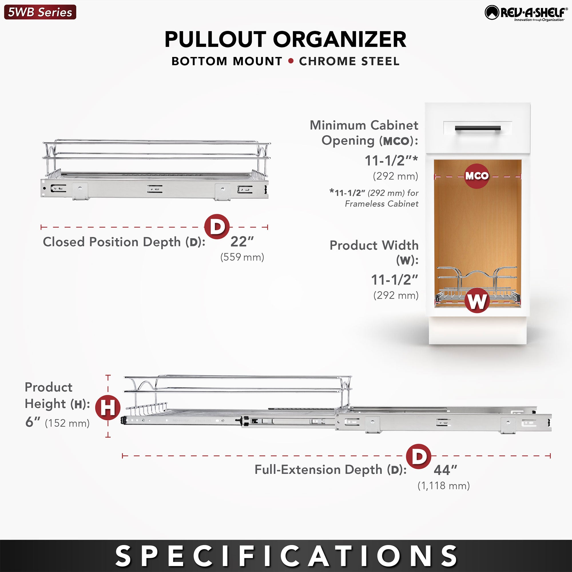 Rev-A-Shelf Cabinet Pull Out Shelf Organizer, 12 x 22 In, 5WB1-1222CR-1 (2 Pack)