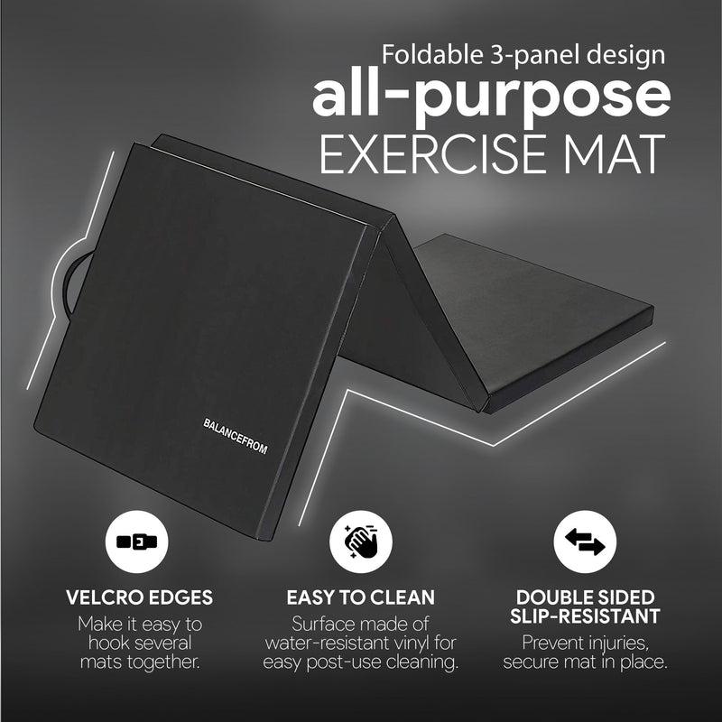 BalanceFrom Fitness GoGym 6x2ft Folding 3 Panel Exercise Mat, Black (2 Pack)