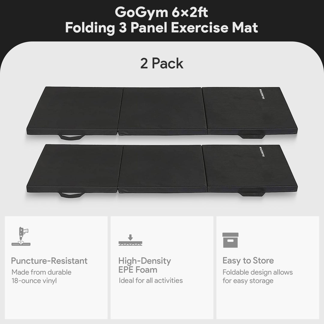 BalanceFrom Fitness GoGym 6x2ft Folding 3 Panel Exercise Mat, Black (2 Pack)