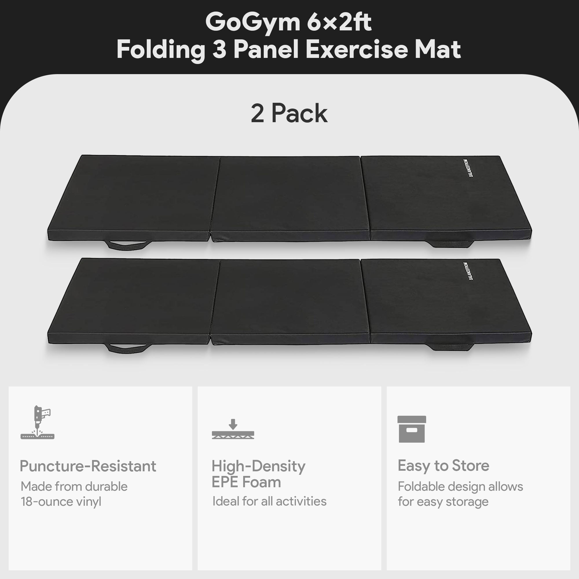 BalanceFrom Fitness GoGym 6x2ft Folding 3 Panel Exercise Mat, Black (2 Pack) - VMInnovations