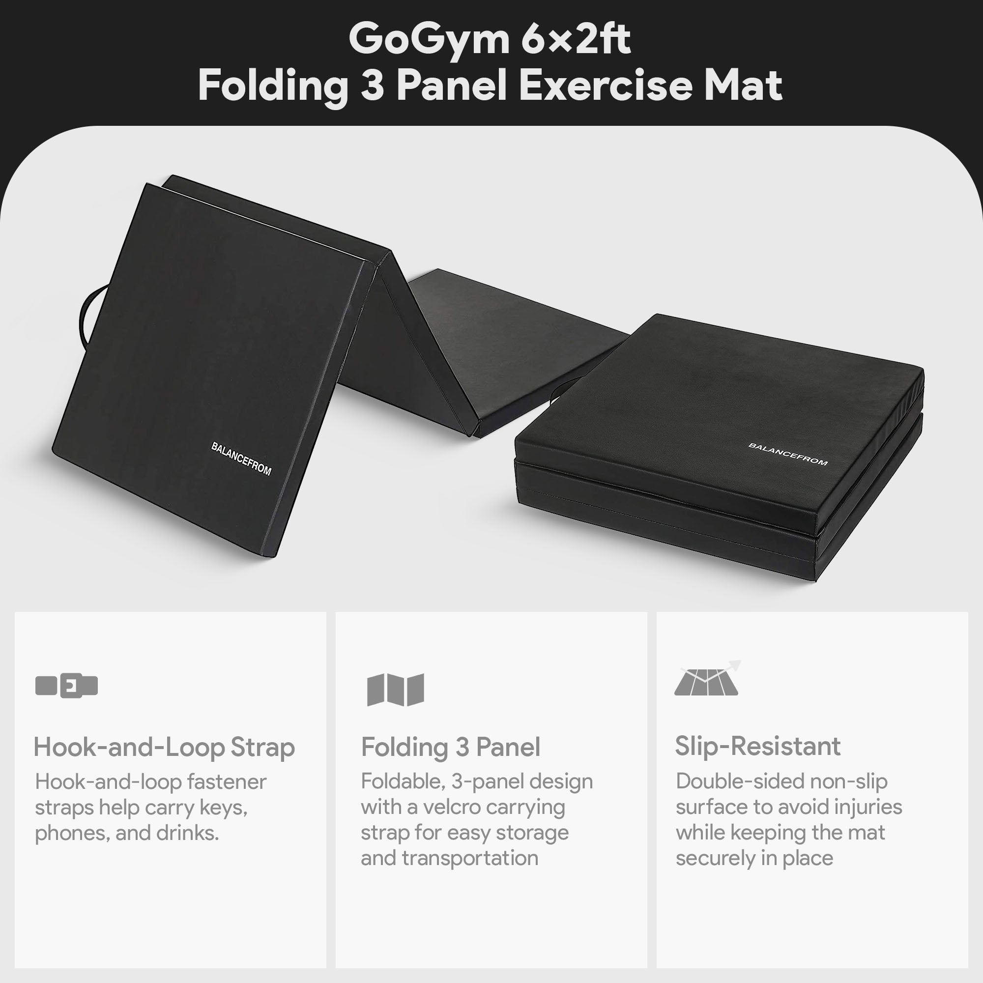 BalanceFrom Fitness GoGym 6x2ft Folding 3 Panel Exercise Mat, Black (2 Pack) - VMInnovations
