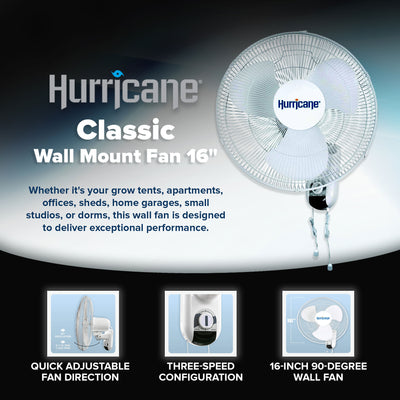 Hurricane Classic 16 Inch 90 Degree Oscillating 3 Speed Wall Fan, White (4 Pack)
