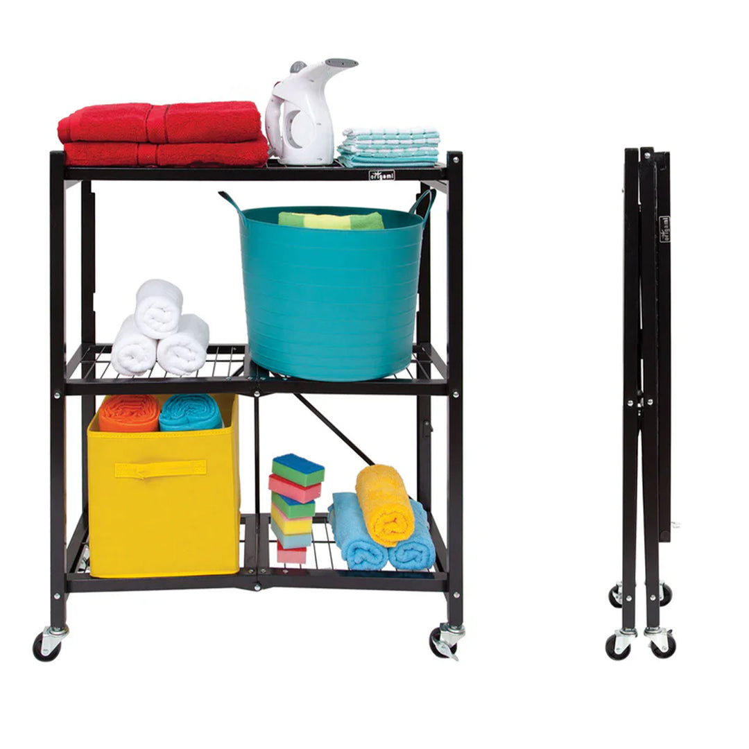 Origami 3-Pack General Purpose Foldable 3-Tier Shelf Storage Racks, R3, Black - VMInnovations