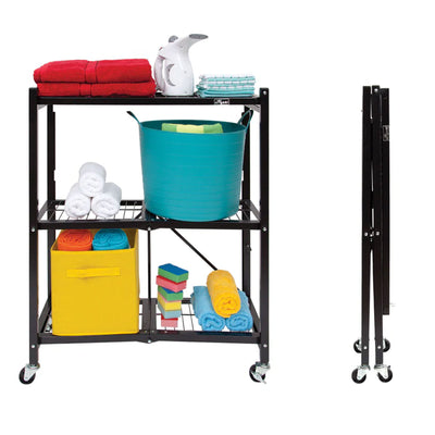 Origami 3-Pack General Purpose Foldable 3-Tier Shelf Storage Racks, R3, Black - VMInnovations