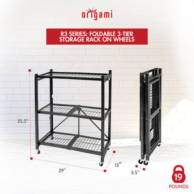 Origami 3 Tier Folding Shelf Garage Shelves Heavy Duty Shelving with Wheels - VMInnovations