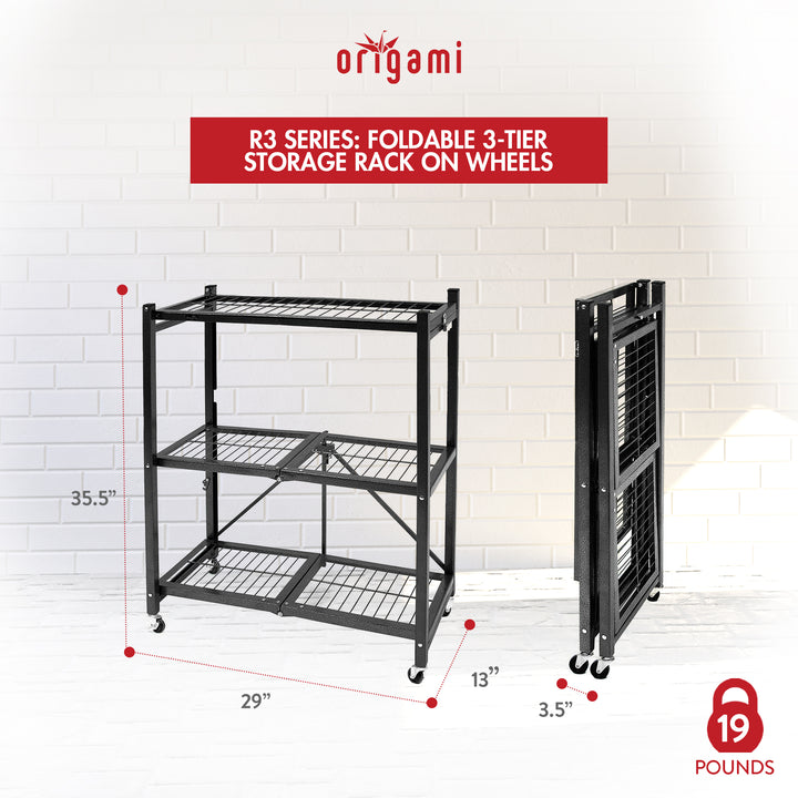 Origami 2-Pack General Purpose Foldable 3-Tier Shelf Storage Racks, R3, Black