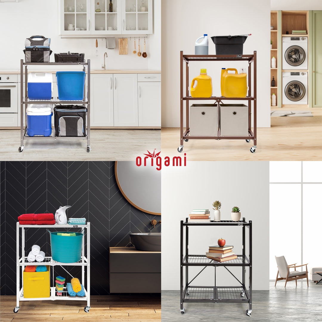Origami 2-Pack General Purpose Foldable 3-Tier Shelf Storage Racks, R3, Black - VMInnovations