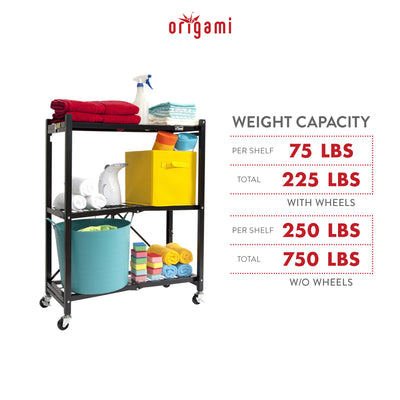 Origami 3 Tier Folding Shelf Garage Shelves Heavy Duty Shelving with Wheels - VMInnovations
