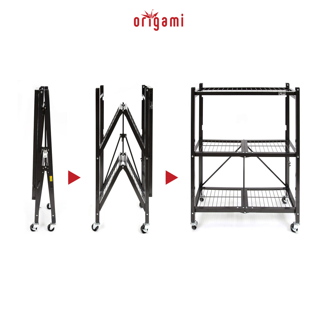 Origami 2-Pack General Purpose Foldable 3-Tier Shelf Storage Racks, R3, Black