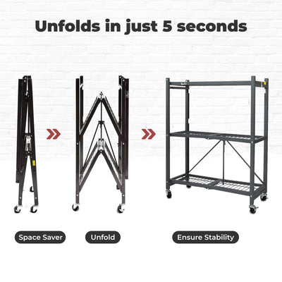 Origami 4-Pack General Purpose Foldable 3-Tier Shelf Storage Racks, R3, Black - VMInnovations