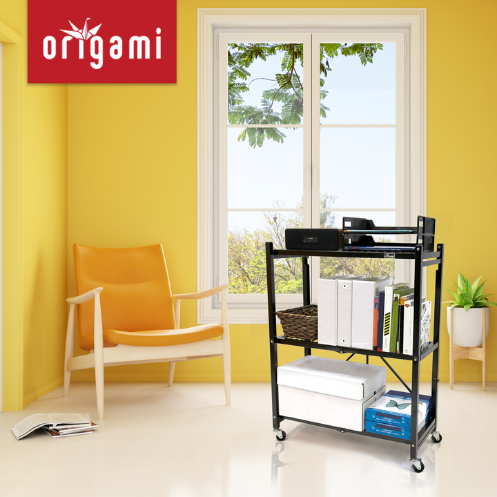 Origami 4-Pack General Purpose Foldable 3-Tier Shelf Storage Racks, R3, Black - VMInnovations