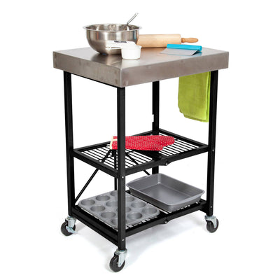 Origami RBT Fully Stainless Steel Foldable Kitchen Cart with 4 Wheels, Black - VMInnovations