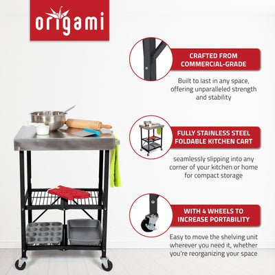 Origami RBT Fully Stainless Steel Foldable Kitchen Cart with 4 Wheels, Black - VMInnovations