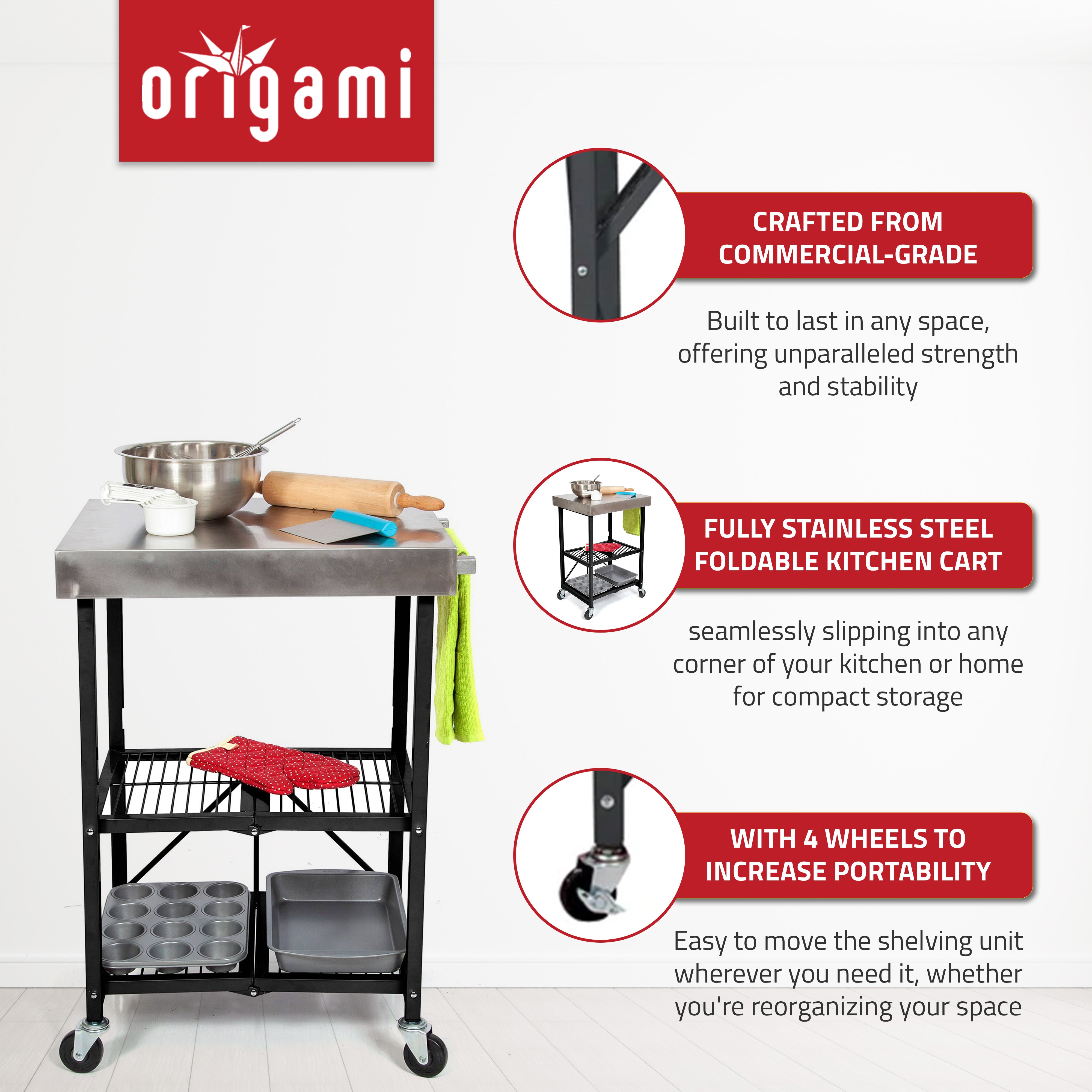 Origami RBT Stainless Steel Foldable Kitchen Cart w/4 Wheels, Black (Open Box)