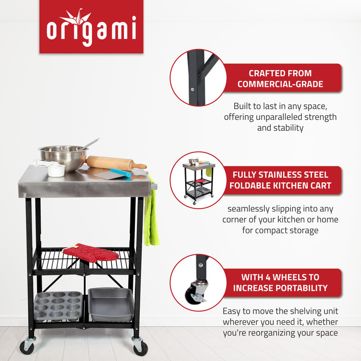 Origami RBT Stainless Steel Foldable Kitchen Cart w/4 Wheels, Black (Open Box) - VMInnovations