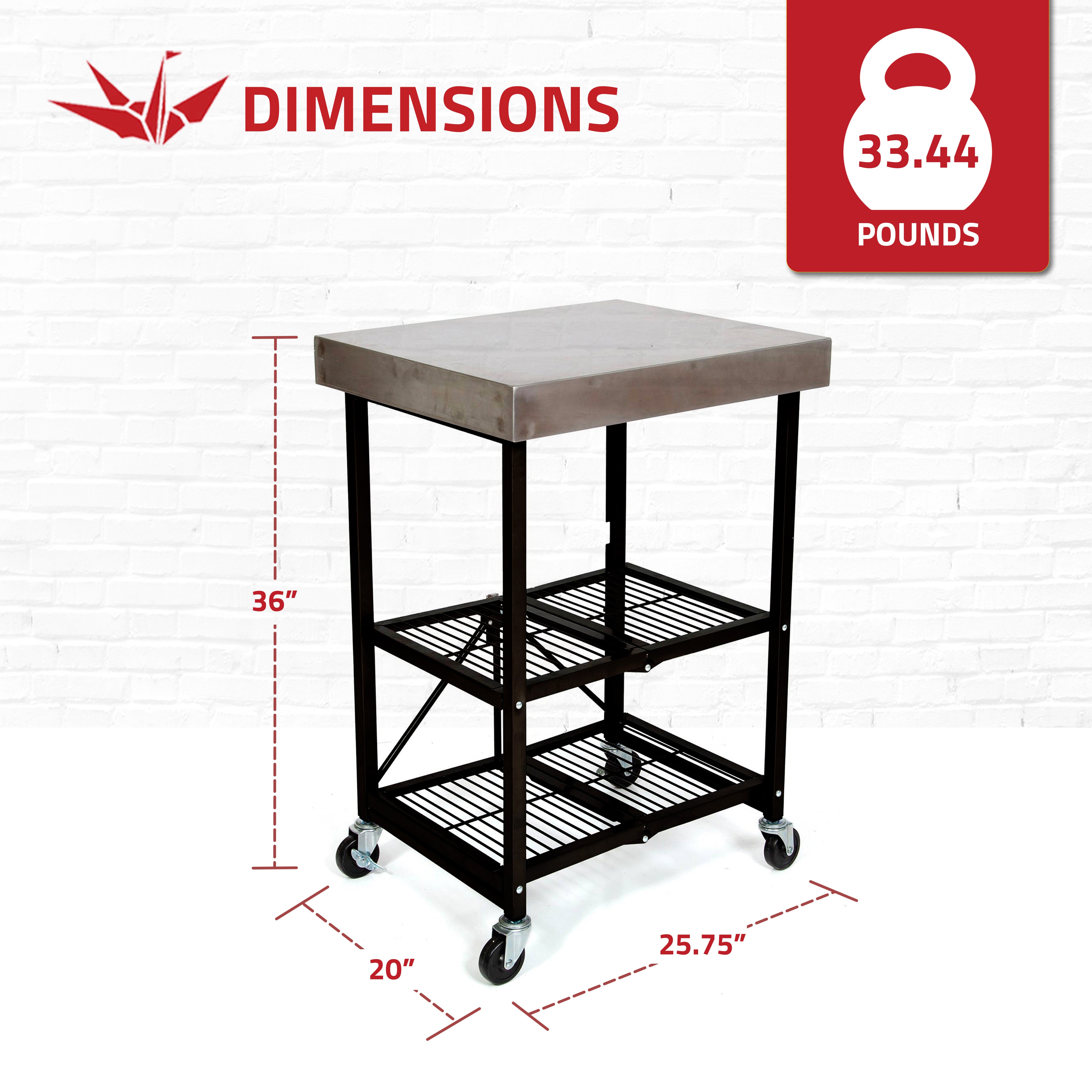 Origami RBT Fully Stainless Steel Foldable Kitchen Cart with 4 Wheels, Black - VMInnovations