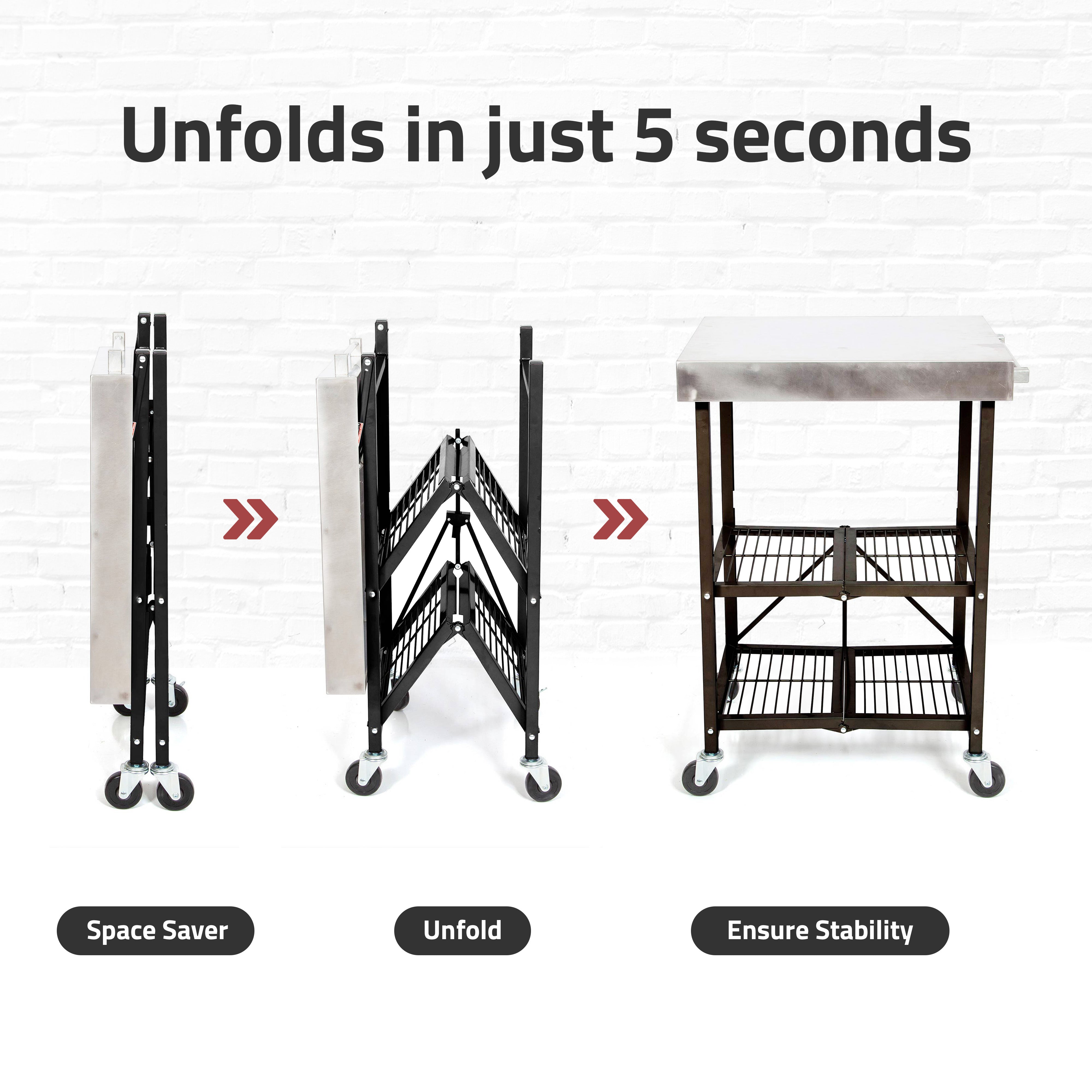 Origami RBT Fully Stainless Steel Foldable Kitchen Cart with 4 Wheels, Black - VMInnovations