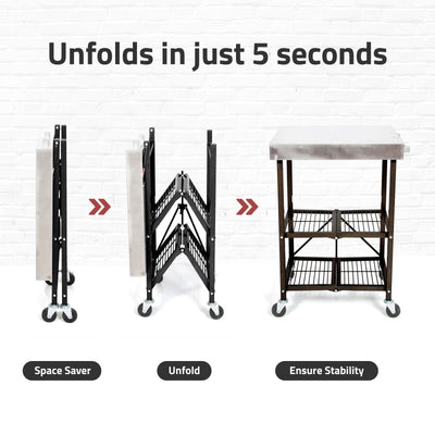 Origami RBT Stainless Steel Foldable Kitchen Cart w/4 Wheels, Black (Open Box) - VMInnovations