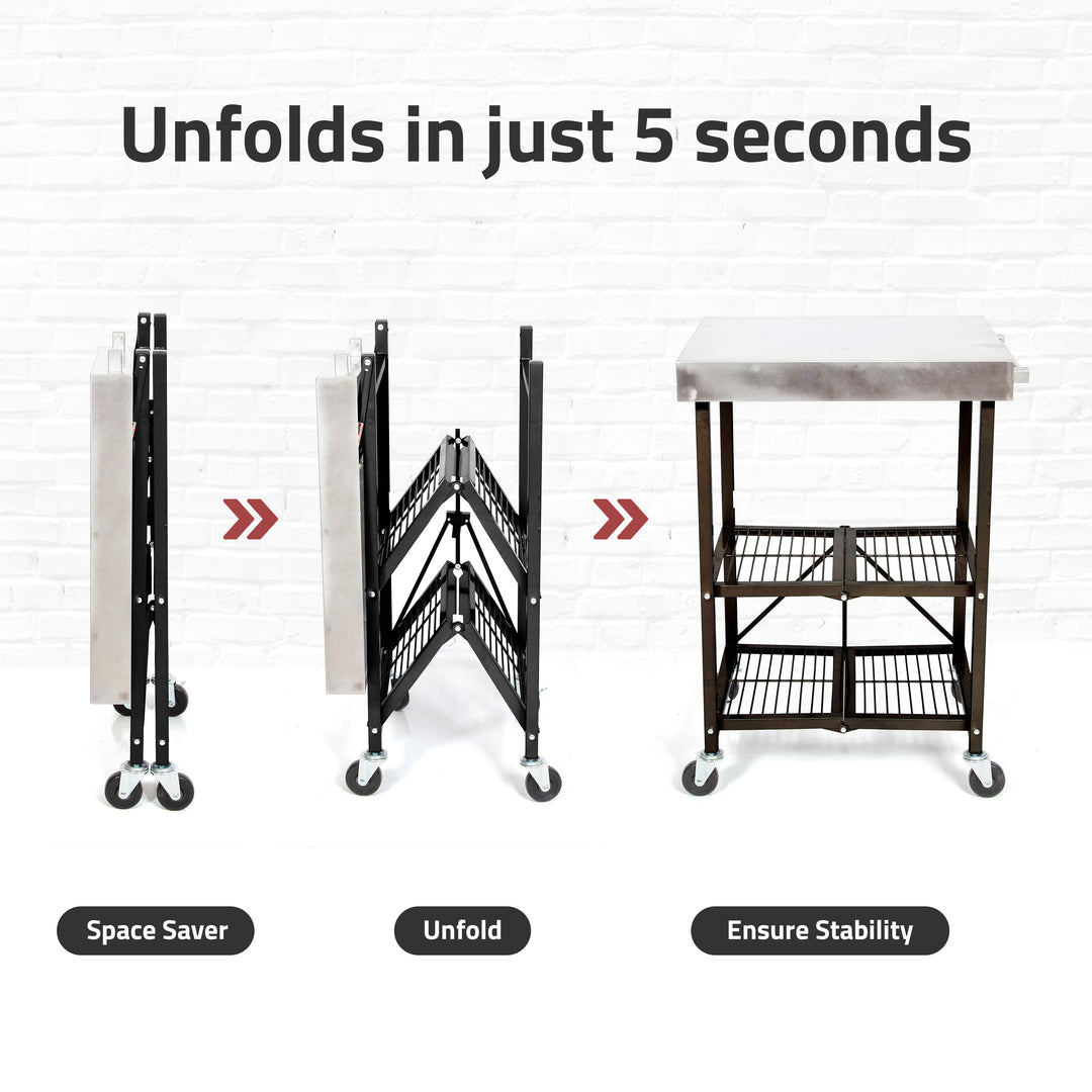 Origami RBT Stainless Steel Foldable Kitchen Cart w/4 Wheels, Black (Open Box) - VMInnovations