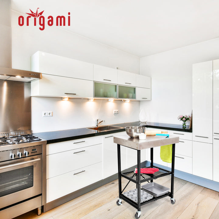 Origami RBT Stainless Steel Foldable Kitchen Cart w/4 Wheels, Black (Open Box) - VMInnovations