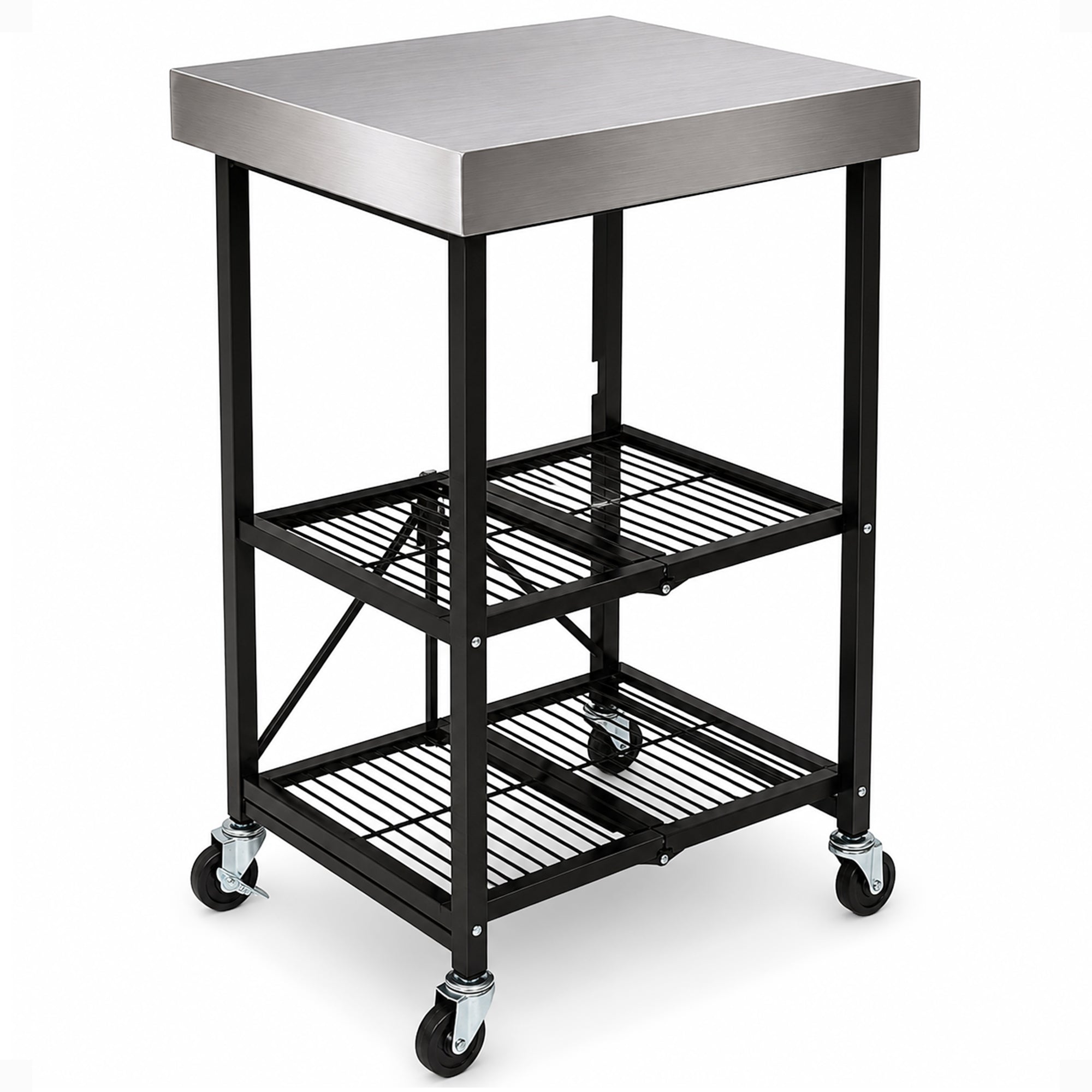 Origami RBT Fully Stainless Steel Foldable Kitchen Cart with 4 Wheels, Black - VMInnovations