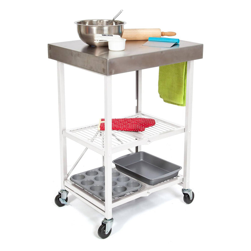 Origami RBT Fully Stainless Steel Foldable Kitchen Cart w/4 Wheels, White (Used)