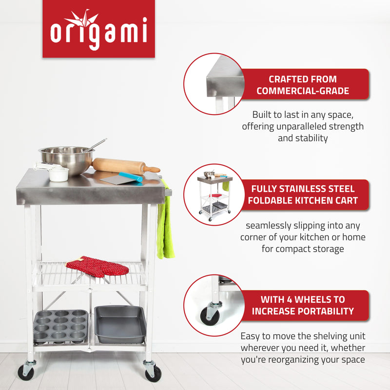 Origami RBT Fully Stainless Steel Foldable Kitchen Cart with 4 Wheels, White