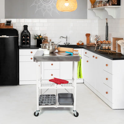 Origami RBT Fully Stainless Steel Foldable Kitchen Cart with 4 Wheels, White