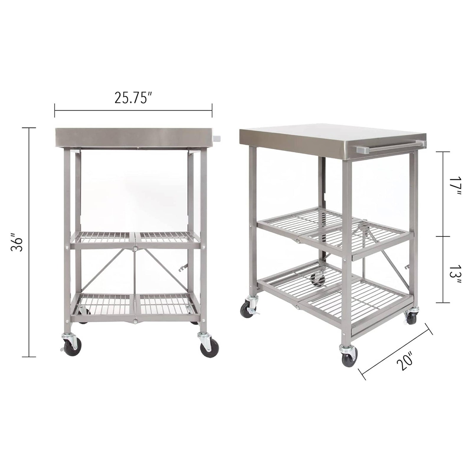 Origami RBT Fully Stainless Steel Foldable Kitchen Cart with Wheels, Silver - VMInnovations