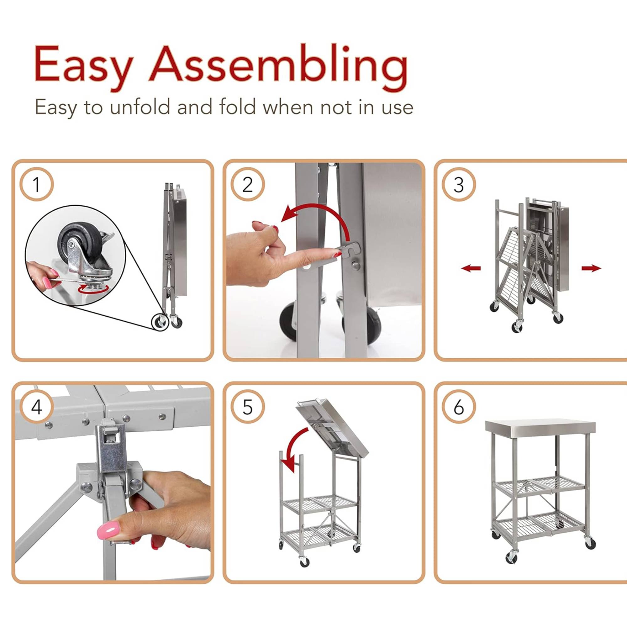 Origami RBT Fully Stainless Steel Foldable Kitchen Cart with Wheels, Silver - VMInnovations