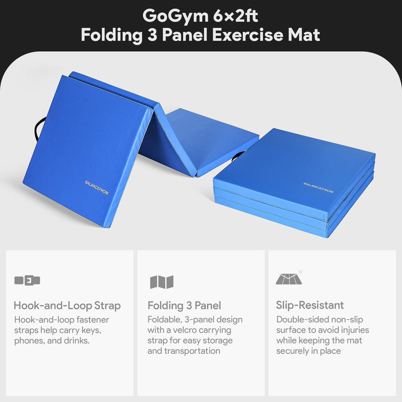 BalanceFrom Fitness GoGym 6x2ft Folding Exercise Mat with Handles, Blue (2 Pack)