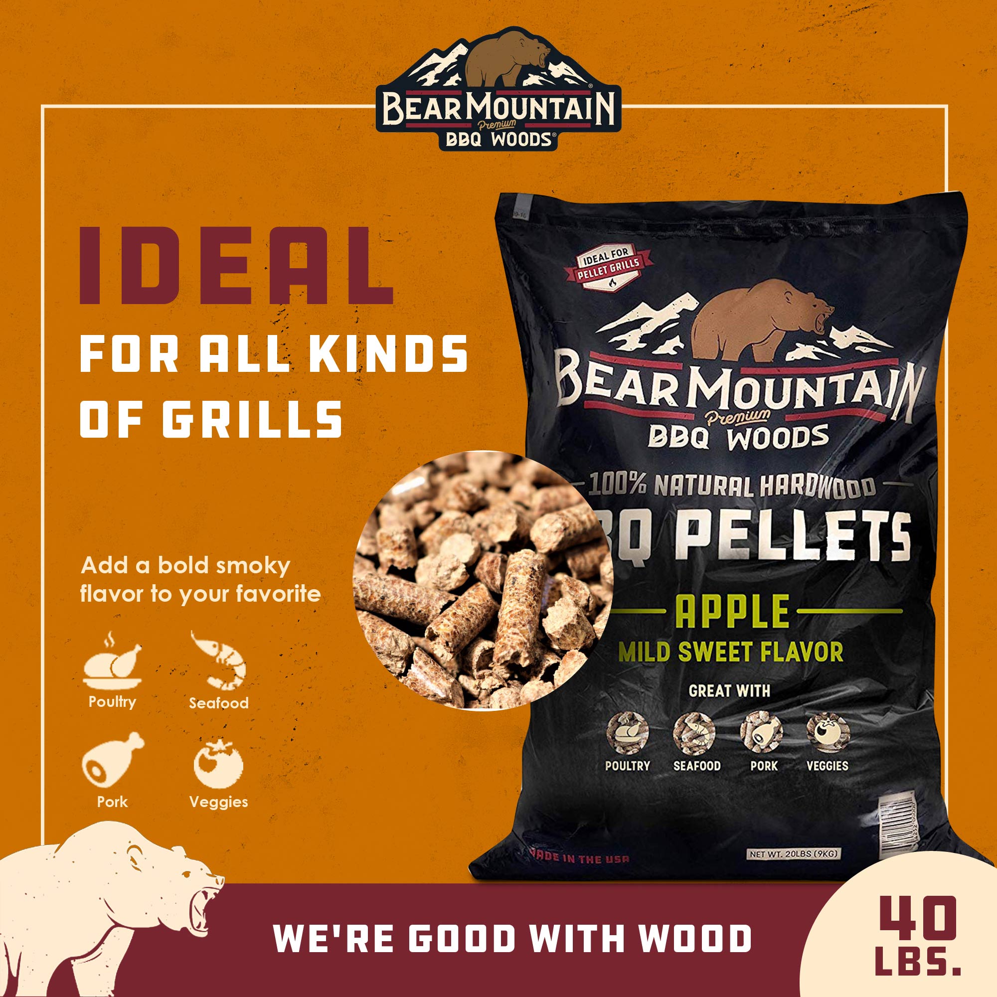 Bear Mountain BBQ All Natural Hardwood Apple Smoker Pellets, 40 Pounds (2 Pack) - VMInnovations