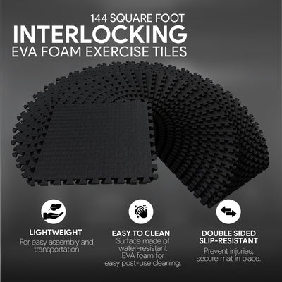 BalanceFrom Fitness 144 Square Foot EVA Foam Exercise Mat Tiles, Black (2 Pack) - VMInnovations