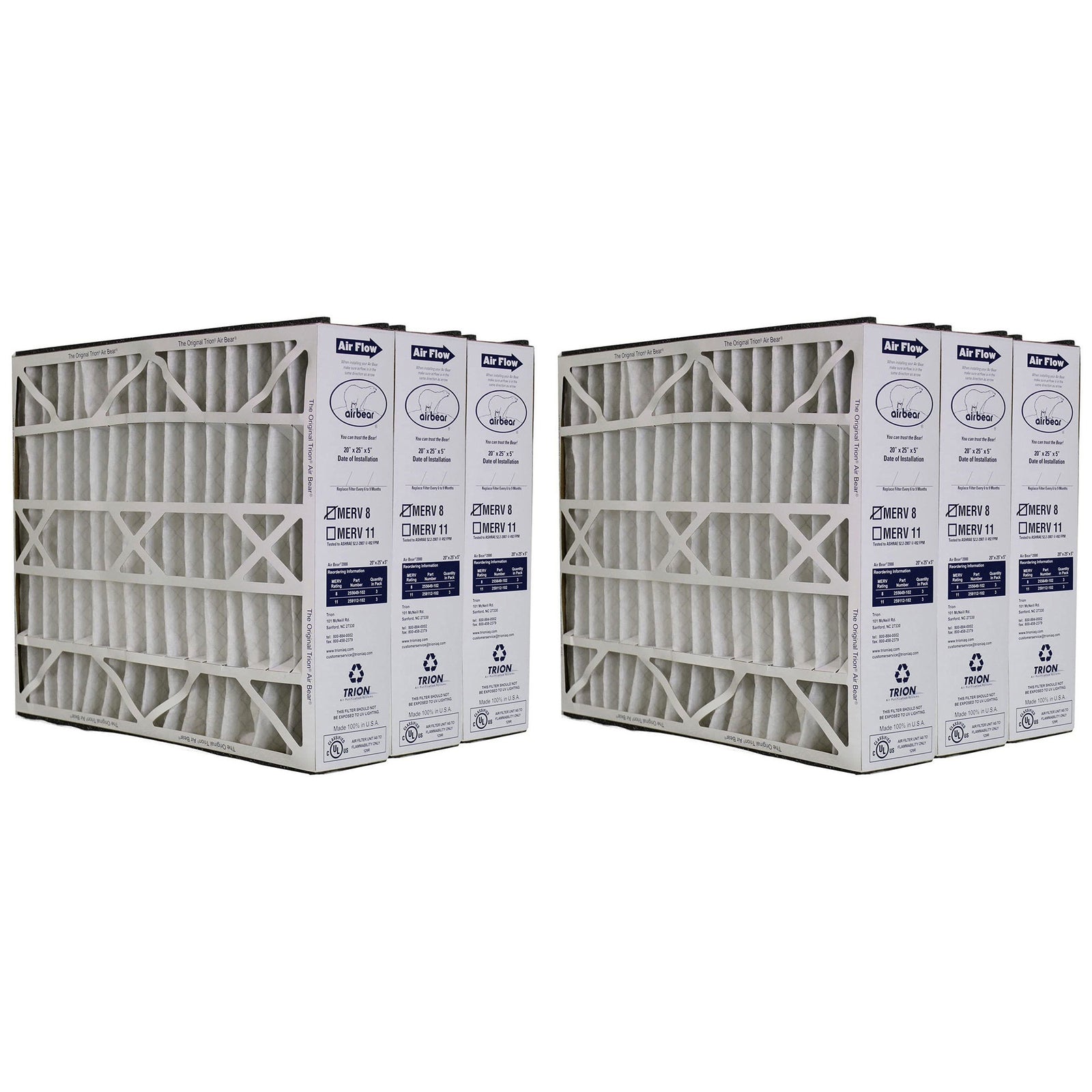 Trion 255649-102 Air Bear 20 x 25 x 5 Inch MERV 8 Air Purifier Filter (6 Pack) - VMInnovations