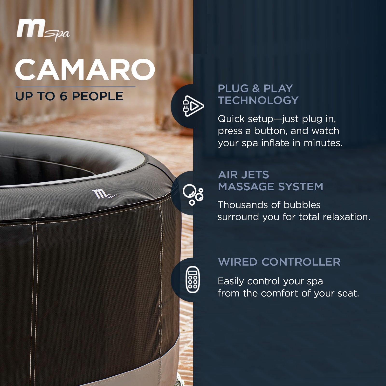 MSpa Round Inflatable Bubble Massage Spa, 4 to 6 Person Hot Tub, Super Camaro - VMInnovations