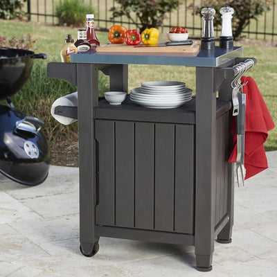 Keter Unity 40 Gal Grilling Bar Cart with Circa 37 Gal Round Deck Box, Brown