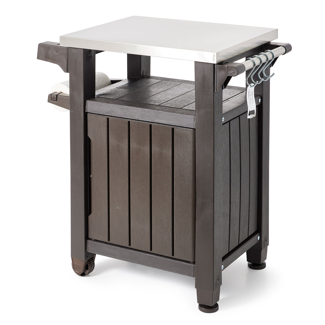 Keter Unity 40 Gallon and Unity XL Rolling Bar Cart with Storage Cabinet, Brown