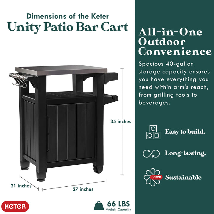 Keter Unity 40 Gallon and Unity XL Rolling Bar Cart with Storage Cabinet, Brown