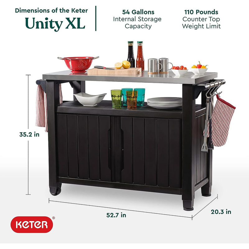 Keter Unity 40 Gallon and Unity XL Rolling Bar Cart with Storage Cabinet, Brown